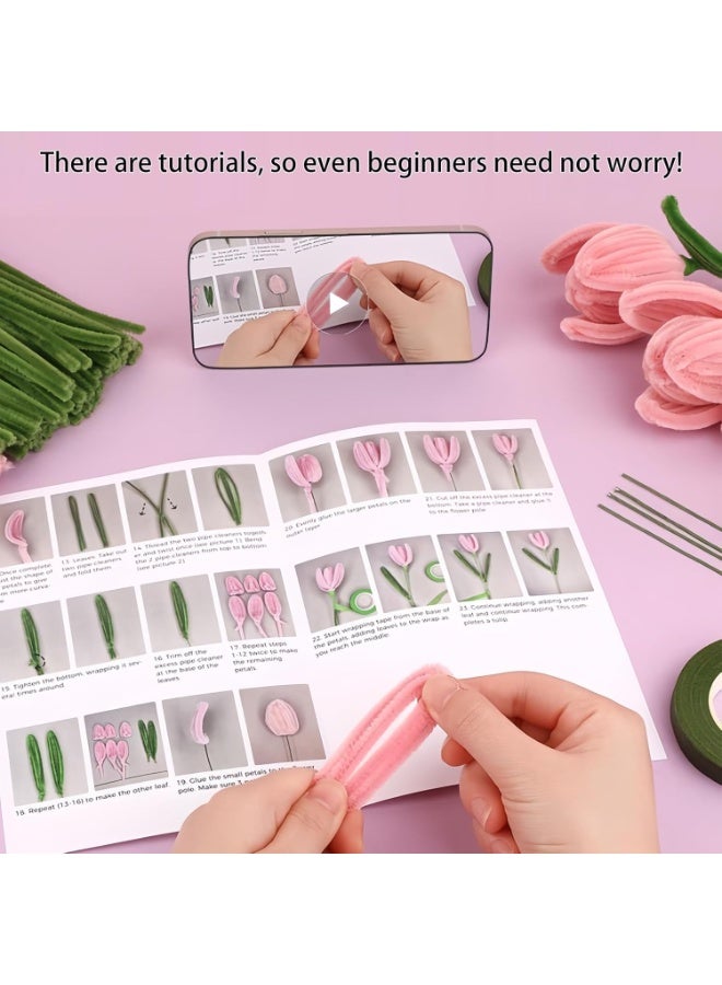 عربست طوليب أنابيب تنظيف DIY مجموعة - مجموعة متنوعة من جذوع الشنيل اللون لحساسة و حية باقات طوليب DIY، بما في ذلك الملحقات الزهرية، مثالية للصناعيين، ديكور المنزل والهدايا اليدوية - Image 4